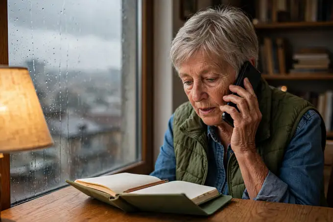 Vicky Salcedo al teléfono, con una libreta verde abierta delante y la lámpara encendida
